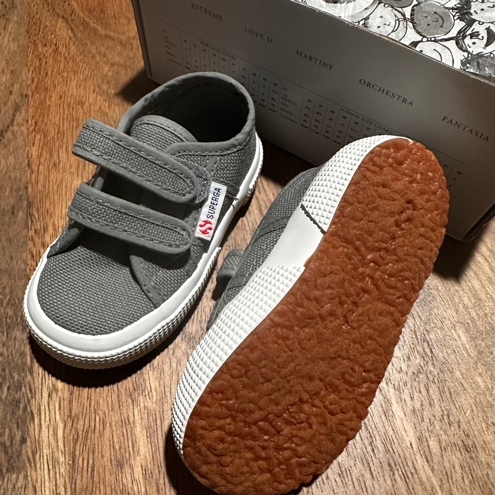 Superga Kids Grey Canvas Velcro Sneakers with Gum Sole